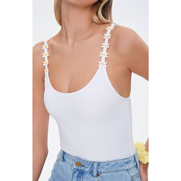 Forever 21 Tops - Forever 21 Floral Daisy Crochet-Trim Polka Dot White Bodysuit Size Small NWT